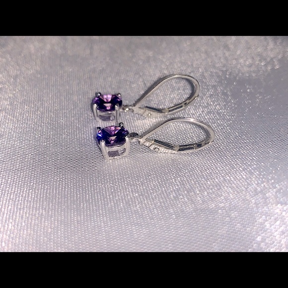 Amethyst Purple Circle Round Stone Drop Earrings - Picture 2 of 7